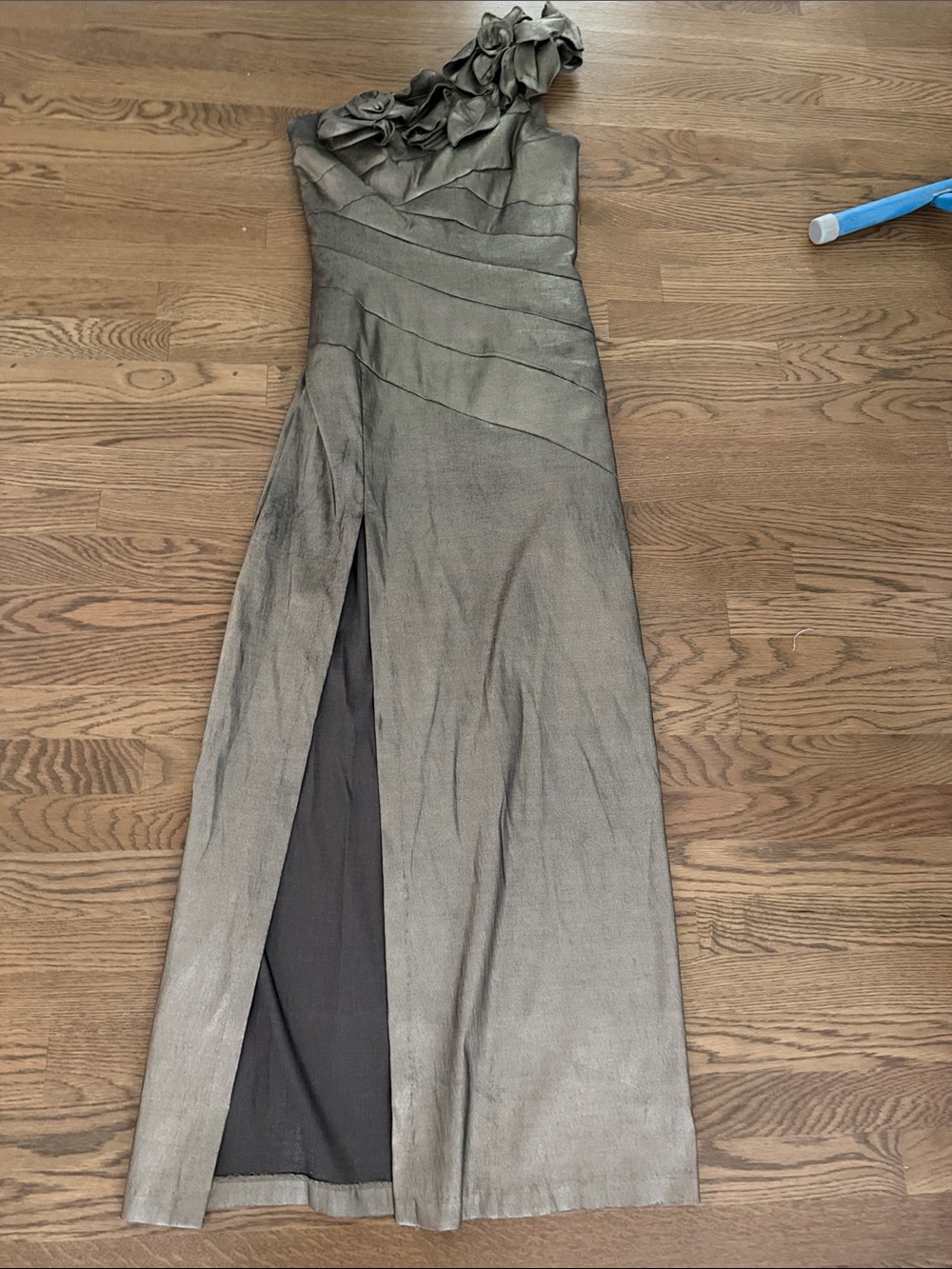 Jessica McClintock One-Shoulder Metallic Taupe Evening Gown